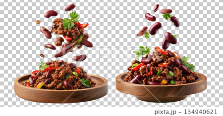 Southwest Tex-Mex Chili con carne beef chili stir-fry with or without beans isolated on white background, concept of hot cuisine 134940621