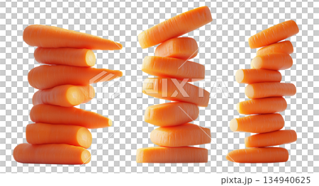 A stack of fresh, orange carrots arranged in a balancing tower on white transparent background. A stack of fresh, orange carrots arranged in a balancing tower on white transparent background. 134940625