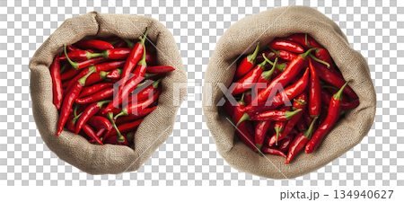Sack filled with fresh red chili peppers placed isolated on transparent background. 134940627
