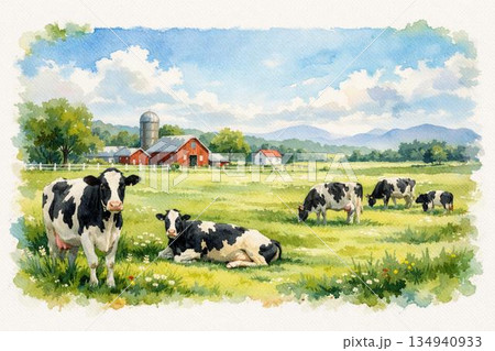 牧場風景　ホルスタイン牛　水彩画 134940933