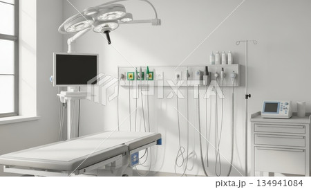 Modern surgical operating room with overhead LED lights examination table and medical wall equipment console 134941084