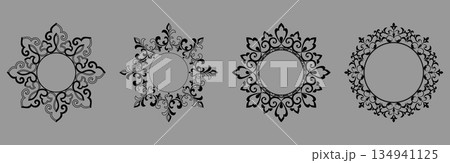 Set of decorative frames Elegant vector element for design in Eastern style, place for text. Floral black and gray borders. Lace illustration for invitations and greeting cards Set of decorative frames Elegant vector element for design in Eastern style, place for text. Floral black and gray borders. Lace illustration for invitations and greeting cards 134941125