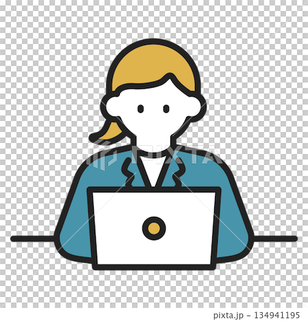 Illustration of a businesswoman operating a laptop computer (color) 134941195