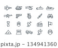 Set of 20 military and army line icons. Vector illustration of tank, weapon, soldier, war equipment, and vehicles isolated on white background. 134941360