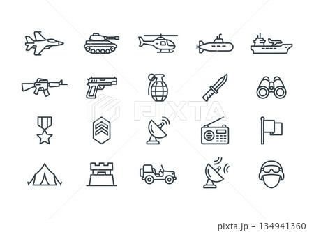 Set of 20 military and army line icons. Vector illustration of tank, weapon, soldier, war equipment, and vehicles isolated on white background. 134941360