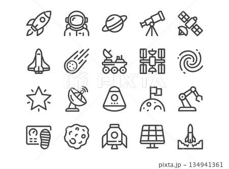 Space exploration line icons set. Vector collection of cosmos symbols including rocket, astronaut, planet, rover, satellite, and telescope isolated on white background. Space exploration line icons set. Vector collection of cosmos symbols including rocket, astronaut, planet, rover, satellite, and telescope isolated on white background. 134941361