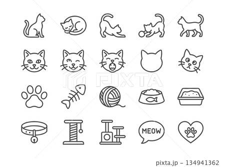 Minimalist 20 cat vector icons set. Monoline outline art with rounded corners. Linear symbols for web, UI/UX, cute pets, animal care, accessories, and playful themes. Minimalist 20 cat vector icons set. Monoline outline art with rounded corners. Linear symbols for web, UI/UX, cute pets, animal care, accessories, and playful themes. 134941362