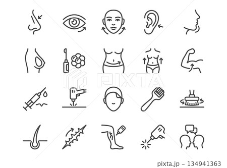 Set of 20 minimalist linear beauty surgery icons. Vector monoline symbols of cosmetic procedures, plastic surgery, and aesthetic medicine on white background. 134941363