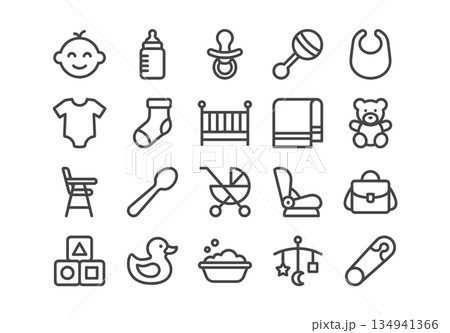 Set of 20 minimalist line icons for baby care. Modern outline symbols including bottle, stroller, crib, and toys arranged in a grid. Clean vector UI design elements. Set of 20 minimalist line icons for baby care. Modern outline symbols including bottle, stroller, crib, and toys arranged in a grid. Clean vector UI design elements. 134941366