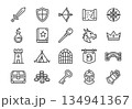 Medieval and Fantasy Adventure linear icons set. 20 vector monoline outlines including sword, dragon, magic, and castle. Minimalist UI design on white background. 134941367