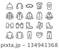 Set of 20 winter clothing vector icons. Minimalist linear monoline outline art style. Warm apparel symbols including jackets, hats, and gloves. Dark grey lines on white background. 134941368