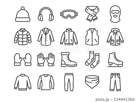 Set of 20 winter clothing vector icons. Minimalist linear monoline outline art style. Warm apparel symbols including jackets, hats, and gloves. Dark grey lines on white background. Set of 20 winter clothing vector icons. Minimalist linear monoline outline art style. Warm apparel symbols including jackets, hats, and gloves. Dark grey lines on white background. 134941368