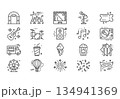Set of 20 minimalist festival line icons. Modern monoline vector symbols for carnival, music, food, and entertainment with technical dotted accents for UI/UX design. 134941369