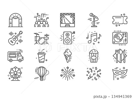 Set of 20 minimalist festival line icons. Modern monoline vector symbols for carnival, music, food, and entertainment with technical dotted accents for UI/UX design. 134941369