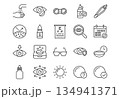 Vector line icon set for contact lens care and eye health. Includes symbols for lenses, cleaning, solution, eye exam, and vision. Simple black outline design. 134941371