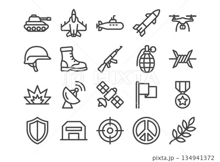 Military and war line icons set. Vector collection of army symbols including tank, weapon, drone, soldier gear, explosion, and peace signs. Simple outline style isolated on white background. 134941372