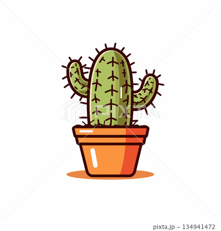 Round green cactus with spikes in an orange pot Round green cactus with spikes in an orange pot 134941472
