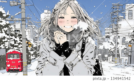 かじかんだ手に息を吹きかけて温めている若い女性