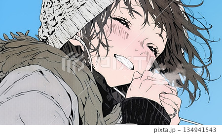 かじかんだ手に息を吹きかけて温めている若い女性