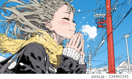 かじかんだ手に息を吹きかけて温めている若い女性