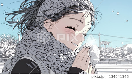 かじかんだ手に息を吹きかけて温めている若い女性