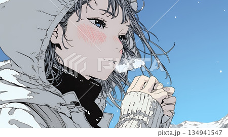 かじかんだ手に息を吹きかけて温めている若い女性