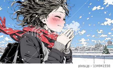 かじかんだ手に息を吹きかけて温めている若い女性