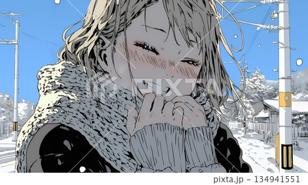 かじかんだ手に息を吹きかけて温めている若い女性