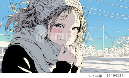 かじかんだ手に息を吹きかけて温めている若い女性