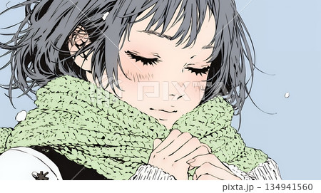 かじかんだ手に息を吹きかけて温めている若い女性