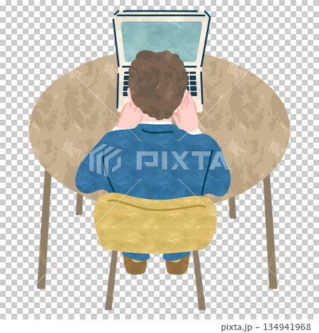 A man sitting in a chair and operating a computer (top view, rear view) 134941968