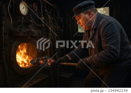 蒸気機関車と機関士 134942234