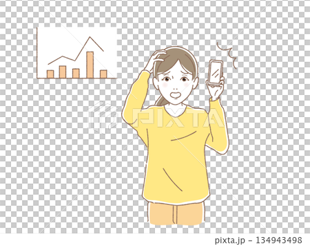 資産運用の下落グラフを見て慌てる女性とスマホ 134943498