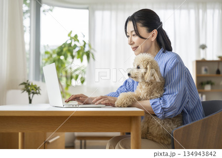 犬を抱いてパソコンで作業をするミドル女性 在宅勤務イメージ 犬を抱いてパソコンで作業をするミドル女性 在宅勤務イメージ 134943842