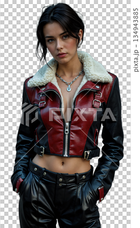 The image shows a woman wearing a cropped biker jacket with red and black accents and a white fur collar 134943885