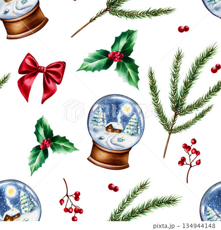 Seamless pattern with christmas pine branches, stocking for presents, glass snowball globe on wooden stand. Watercolor new year botanical illustration of realistic lush evergreen foliage tree part 134944148