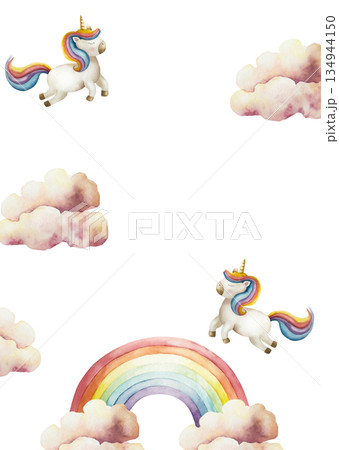 Watercolor hand drawn postcard with rainbow with Summer air clouds and Unicorn. Magical clipart isolated on background, cartoon transparent png illustration. Baby shower greeting cards or childish 134944150