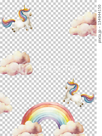 Watercolor hand drawn postcard with rainbow with Summer air clouds and Unicorn. Magical clipart isolated on background, cartoon transparent png illustration. Baby shower greeting cards or childish 134944150