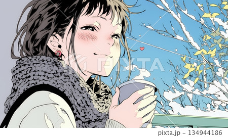 寒い冬、温かい飲み物を手にして、ふっと幸せそうに微笑む若い女性