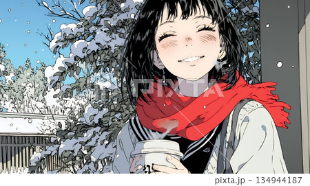 寒い冬、温かい飲み物を手にして、ふっと幸せそうに微笑む若い女性