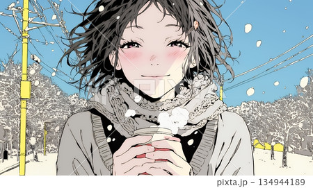 寒い冬、温かい飲み物を手にして、ふっと幸せそうに微笑む若い女性