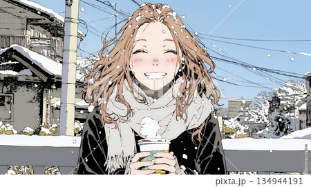 寒い冬、温かい飲み物を手にして、ふっと幸せそうに微笑む若い女性