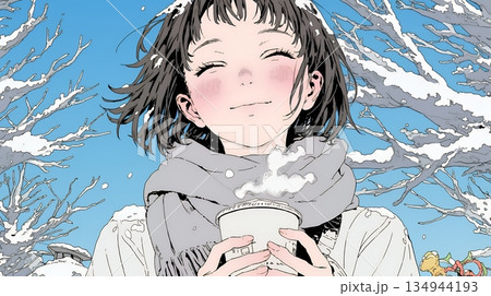 寒い冬、温かい飲み物を手にして、ふっと幸せそうに微笑む若い女性