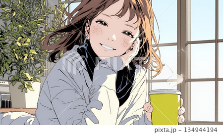 寒い冬、温かい飲み物を手にして、ふっと幸せそうに微笑む若い女性