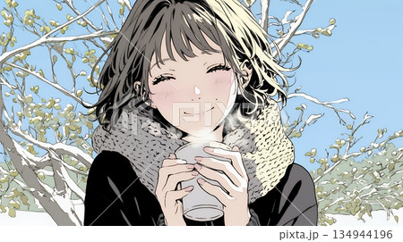 寒い冬、温かい飲み物を手にして、ふっと幸せそうに微笑む若い女性