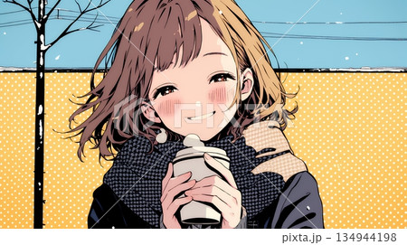 寒い冬、温かい飲み物を手にして、ふっと幸せそうに微笑む若い女性