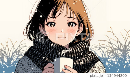 寒い冬、温かい飲み物を手にして、ふっと幸せそうに微笑む若い女性