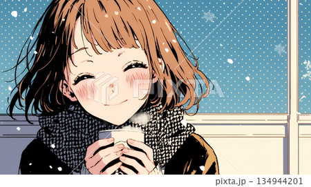 寒い冬、温かい飲み物を手にして、ふっと幸せそうに微笑む若い女性