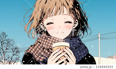 寒い冬、温かい飲み物を手にして、ふっと幸せそうに微笑む若い女性