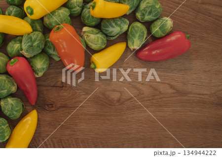 Top view of assorted fresh vegetables forming a border with copy space Top view of assorted fresh vegetables forming a border with copy space 134944222